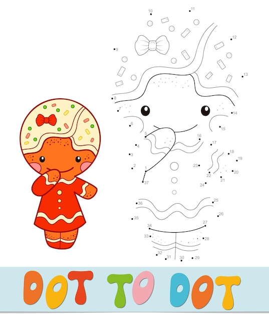 Rompecabezas de Navidad de punto a punto. Conecte el juego de puntos. Ilustración de vector de hombre de pan de jengibre
