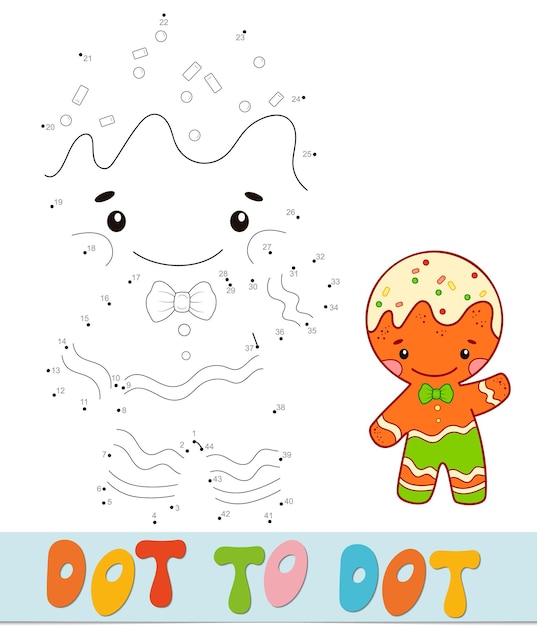 Rompecabezas de Navidad de punto a punto. Conecte el juego de puntos. Ilustración de vector de hombre de pan de jengibre