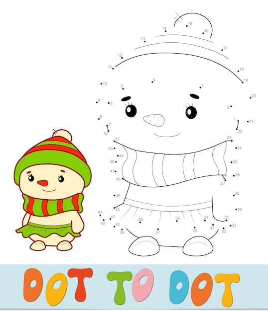 Rompecabezas de Navidad de punto a punto. Conecte el juego de puntos. Ilustración de vector de muñeco de nieve
