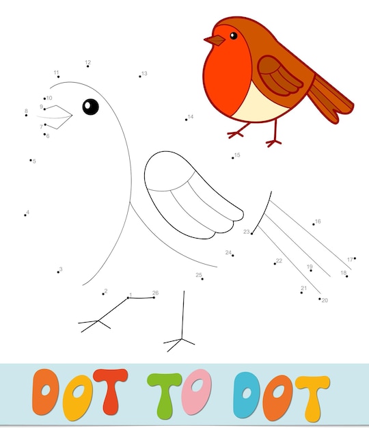 Rompecabezas de Navidad de punto a punto. Conecte el juego de puntos. Ilustración de vector de pájaro