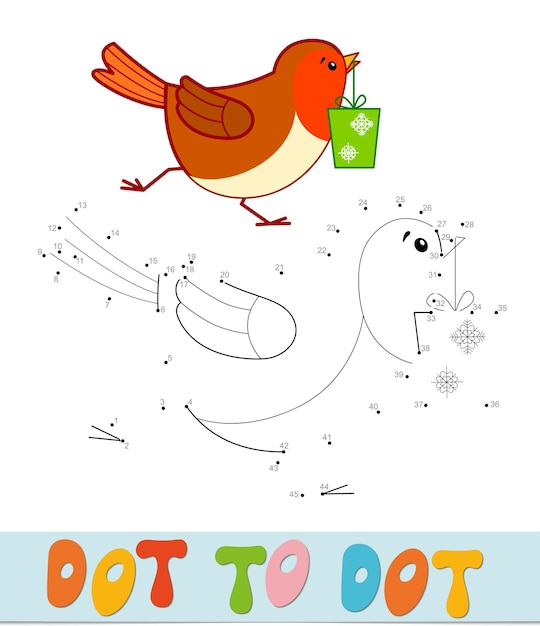 Rompecabezas de Navidad de punto a punto. Conecte el juego de puntos. Ilustración de vector de pájaro