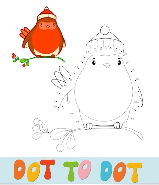 Rompecabezas de Navidad de punto a punto. Conecte el juego de puntos. Ilustración de vector de pájaro