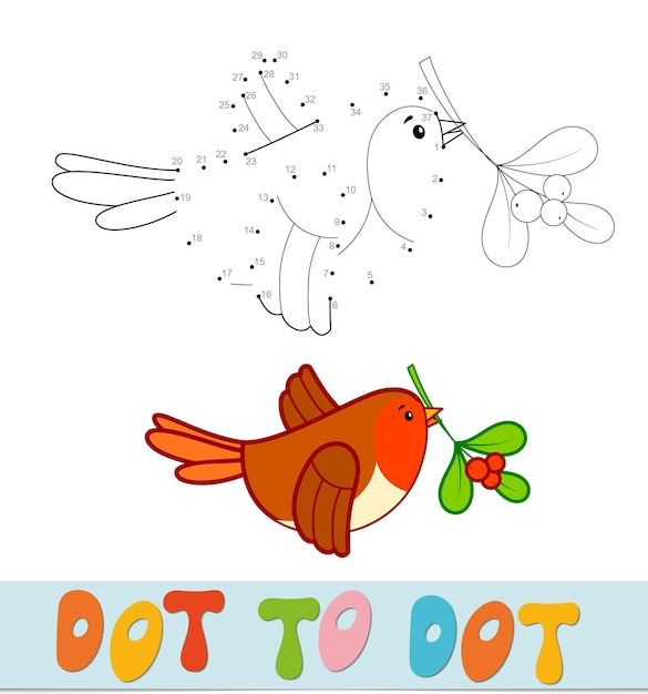 Rompecabezas de Navidad de punto a punto. Conecte el juego de puntos. Ilustración de vector de pájaro