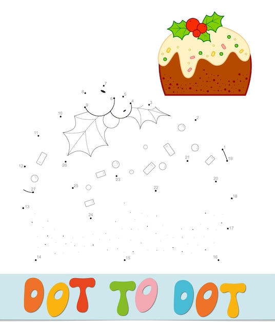 Rompecabezas de Navidad de punto a punto. Conecte el juego de puntos. Ilustración de vector de pastel