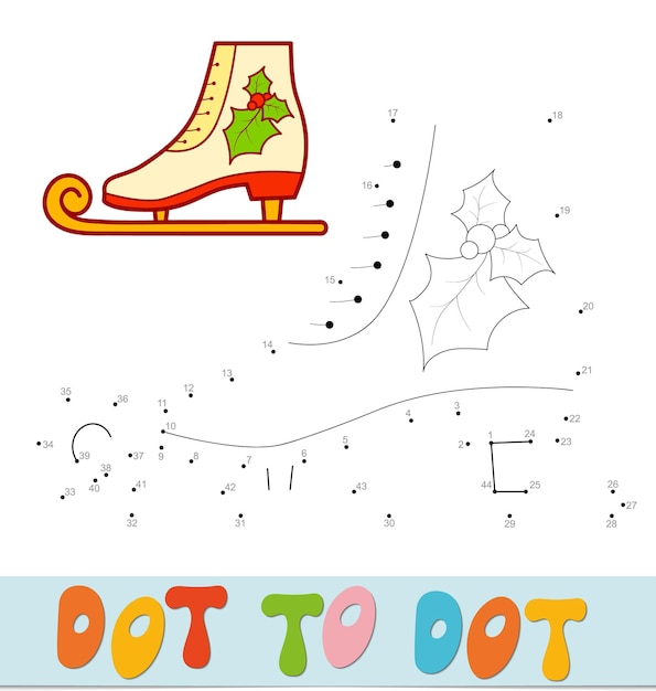 Rompecabezas de Navidad de punto a punto. Conecte el juego de puntos. Ilustración de vector de patines