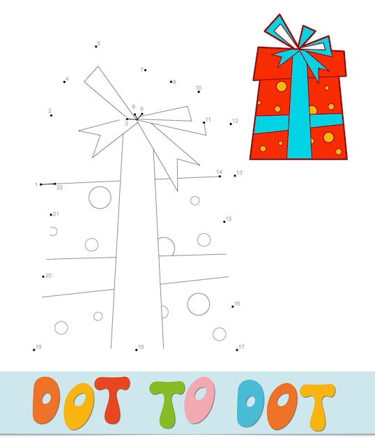 Rompecabezas de Navidad de punto a punto. Conecte el juego de puntos. Ilustración de vector de regalo