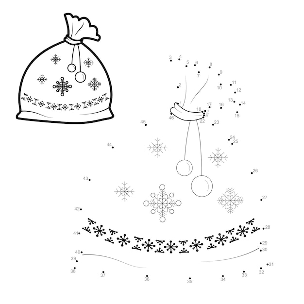 Rompecabezas de Navidad punto a punto para niños. Conecte el juego de puntos. Bolsa navideña con ilustración de regalos