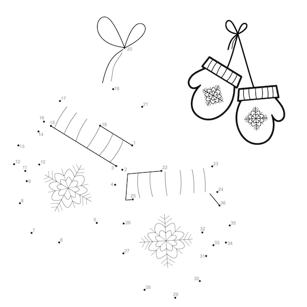 Rompecabezas de Navidad punto a punto para niños. Conecte el juego de puntos. Ilustración de mitones