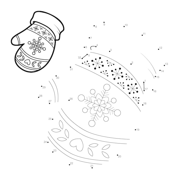 Rompecabezas de Navidad punto a punto para niños. Conecte el juego de puntos. Ilustración de mitones