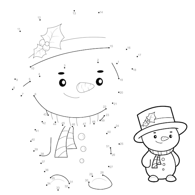 Rompecabezas de Navidad punto a punto para niños. Conecte el juego de puntos. Ilustración de muñeco de nieve