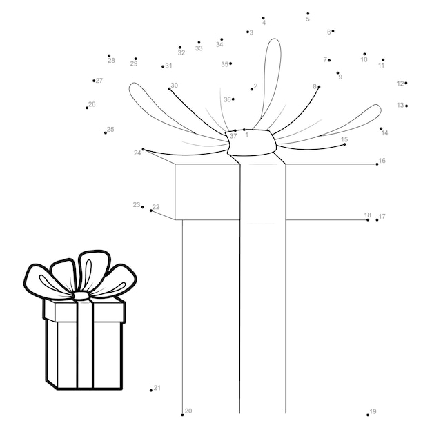 Rompecabezas de Navidad punto a punto para niños. Conecte el juego de puntos. Ilustración de regalo