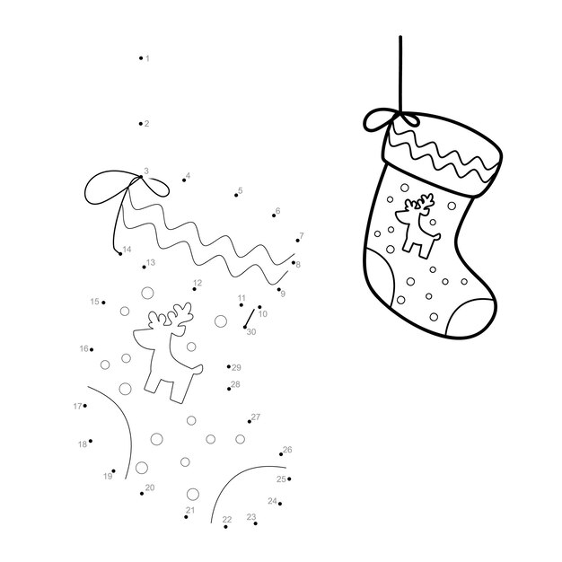 Rompecabezas de Navidad punto a punto para niños. Conecte el juego de puntos. Ilustración de vector de calcetín
