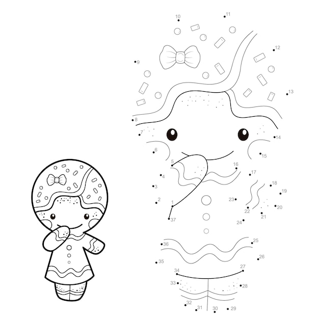 Rompecabezas de Navidad punto a punto para niños. Conecte el juego de puntos. Ilustración de vector de hombre de pan de jengibre
