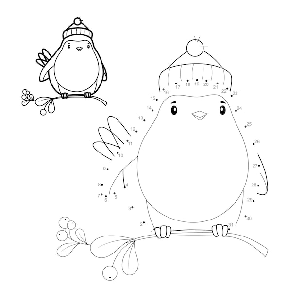Rompecabezas de Navidad punto a punto para niños. Conecte el juego de puntos. Ilustración de vector de pájaro