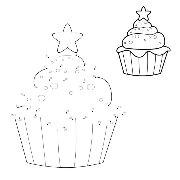 Rompecabezas de Navidad punto a punto para niños. Conecte el juego de puntos. Ilustración de vector de pastel de Navidad