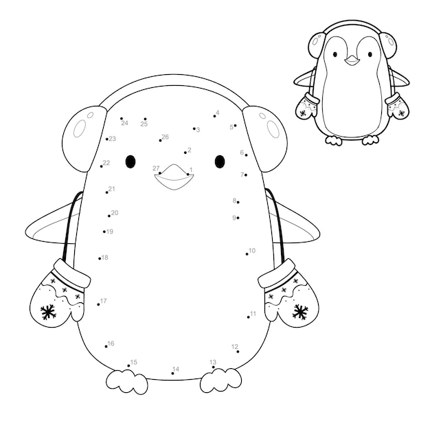 Rompecabezas de Navidad punto a punto para niños. Conecte el juego de puntos. Ilustración de vector de pingüino de Navidad