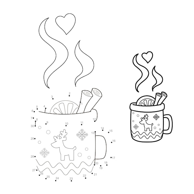 Rompecabezas de Navidad punto a punto para niños. Conecte el juego de puntos. Ilustración de vector de taza