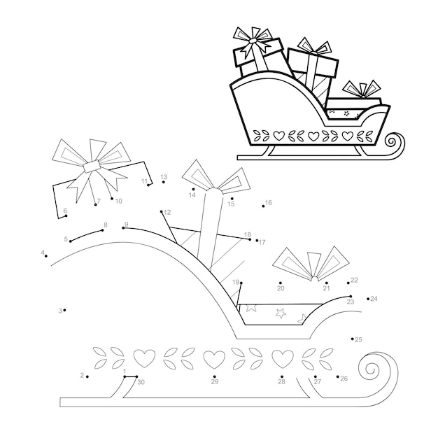 Rompecabezas de Navidad punto a punto para niños. Conecte el juego de puntos. Ilustración de vector de trineo de Navidad