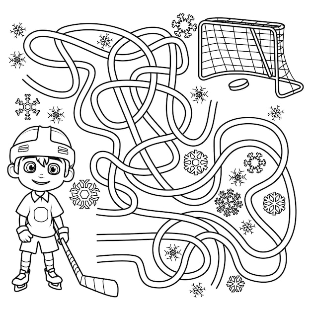 Vector rompecabezas para niños laberinto necesitas encontrar el camino del jugador de hockey y la portería de hockey.