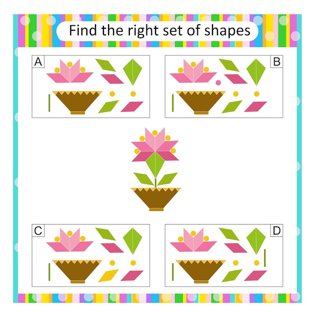 Rompecabezas para niños Tarea de atención Encuentra el conjunto correcto de flores de dibujos animados La respuesta es A