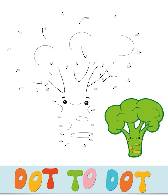 Rompecabezas de punto a punto. Conecte el juego de puntos. Ilustración de vector de brócoli