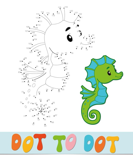 Rompecabezas de punto a punto. Conecte el juego de puntos. Ilustración de vector de caballo de mar