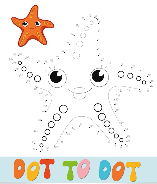 Rompecabezas de punto a punto. Conecte el juego de puntos. Ilustración de vector de estrella de mar