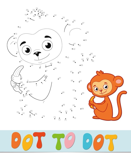 Rompecabezas de punto a punto. Conecte el juego de puntos. Ilustración de vector de mono