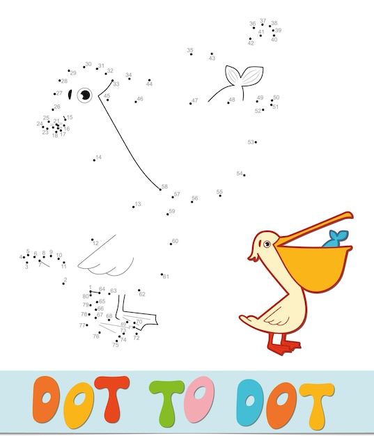 Rompecabezas de punto a punto. Conecte el juego de puntos. Ilustración de vector de pelícano
