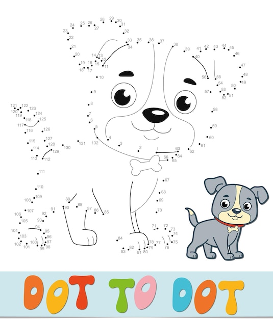 Rompecabezas de punto a punto. conecte el juego de puntos. ilustración de vector de perro