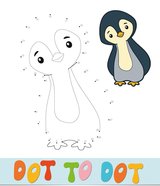 Rompecabezas de punto a punto. Conecte el juego de puntos. Ilustración de vector de pingüino