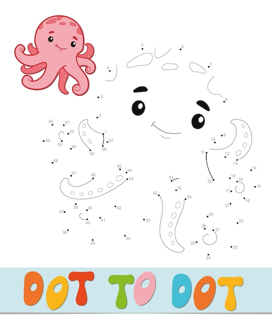 Rompecabezas de punto a punto. Conecte el juego de puntos. Ilustración de vector de pulpo