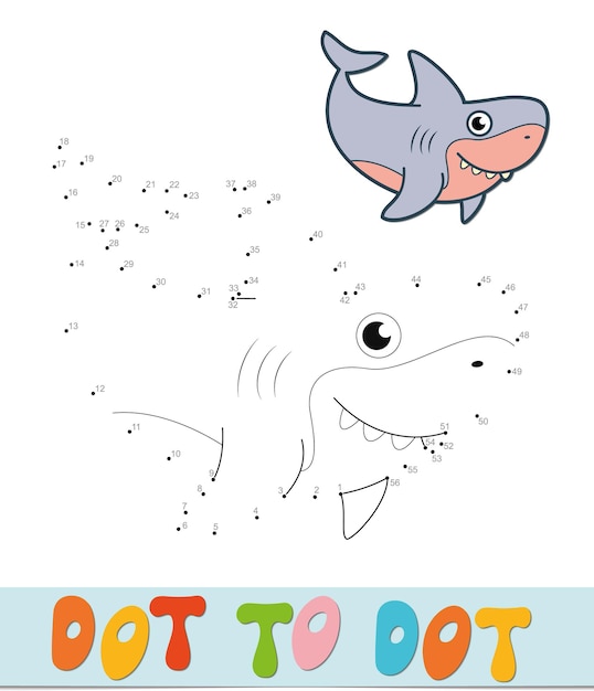 Rompecabezas de punto a punto. Conecte el juego de puntos. Ilustración de vector de tiburón