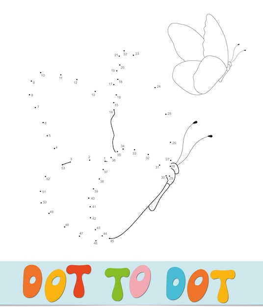Rompecabezas de punto a punto de mariposa para niños. Juego de conectar puntos.
