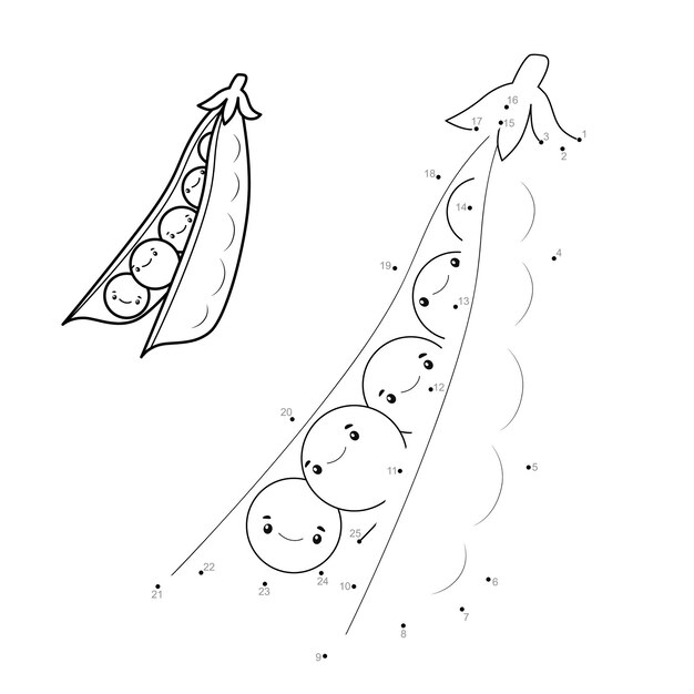 Rompecabezas de punto a punto para niños. Conecte el juego de puntos. guisantes ilustracion