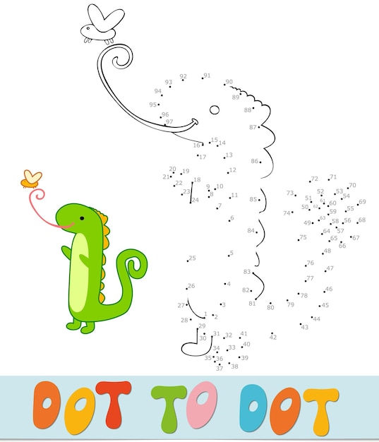 Rompecabezas de punto a punto para niños. Conecte el juego de puntos. Ilustración de vector de iguana