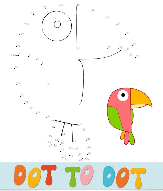 Rompecabezas de punto a punto para niños. Conecte el juego de puntos. Ilustración de vector de loro