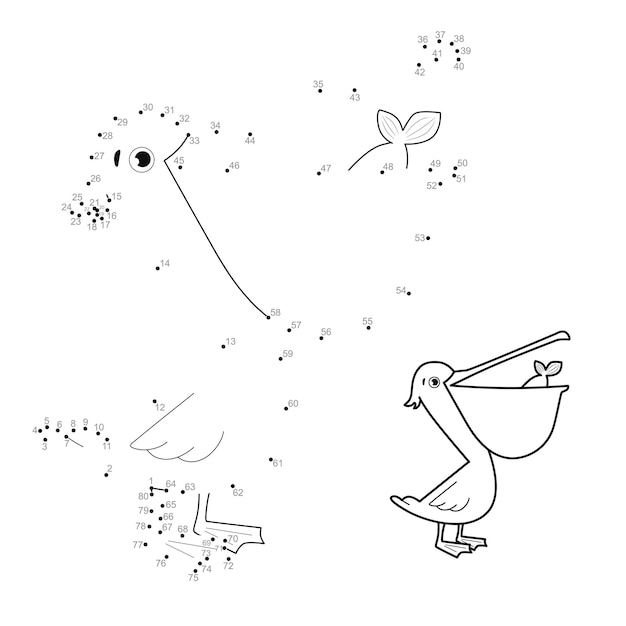 Rompecabezas de punto a punto para niños. Conecte el juego de puntos. pelican ilustracion