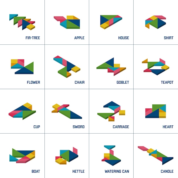 Rompecabezas de tangram. Conjunto de diferentes objetos de tangrama isométrico. ilustración vectorial