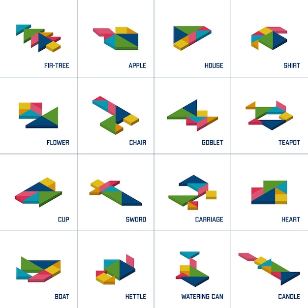 Rompecabezas de tangram. conjunto de diferentes objetos de tangrama isométrico. ilustración vectorial