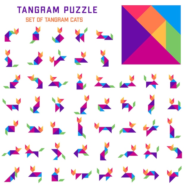 Rompecabezas de tangram. conjunto de gatos tangram en diferentes poses. rompecabezas para niños. conjunto de vectores. ilustración vectorial