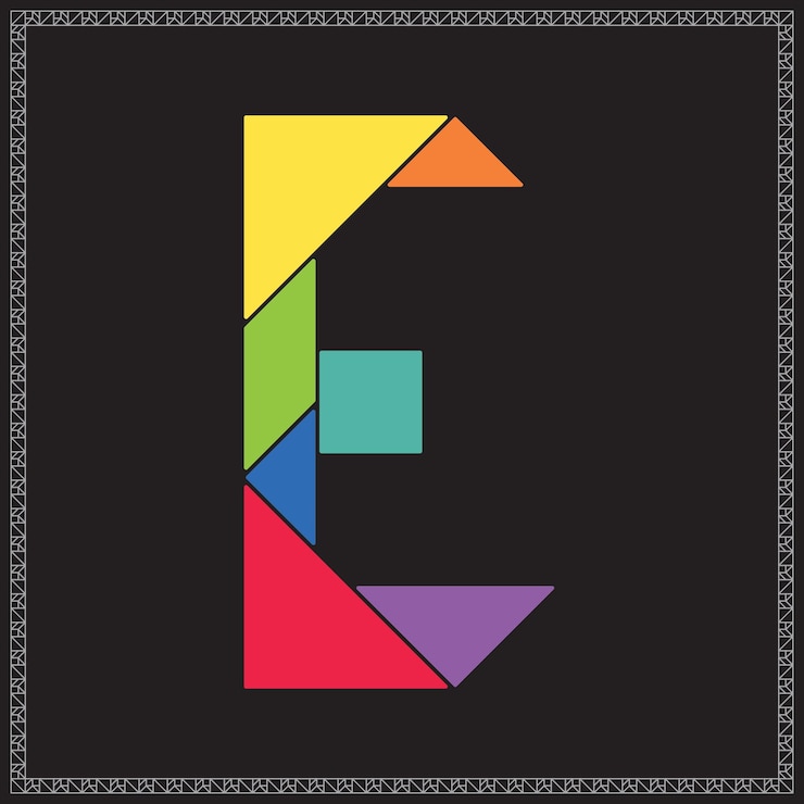 Vector el rompecabezas de tangram la letra e del alfabeto ilustración geométrica colorida