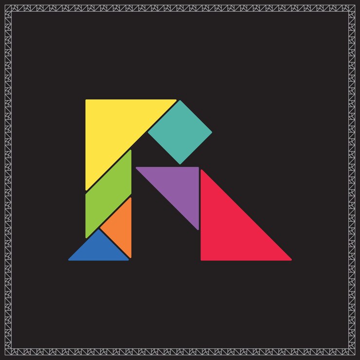 Vector el rompecabezas tangram la letra r el alfabeto ilustración geométrica colorida