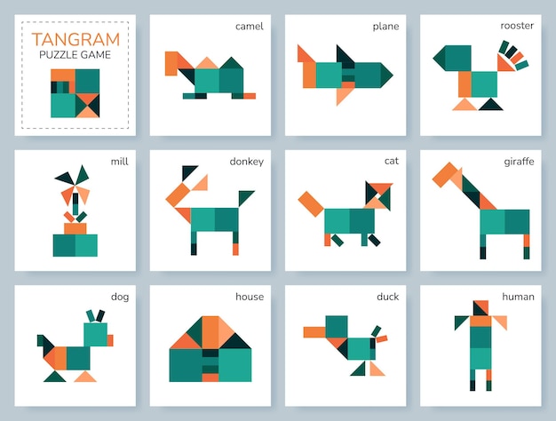rompecabezas Tangram para niños Colección geométrica colorida con objetos aislados Juego mongol