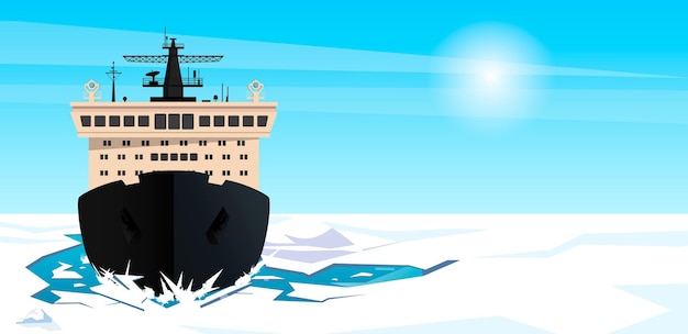 Rompehielos en agua mar océano romper hielo negro blanco barco transatlántico en el océano ártico agua del norte expedición marina en el polo norte antártida día claro cielo sol brilla ilustración vectorial