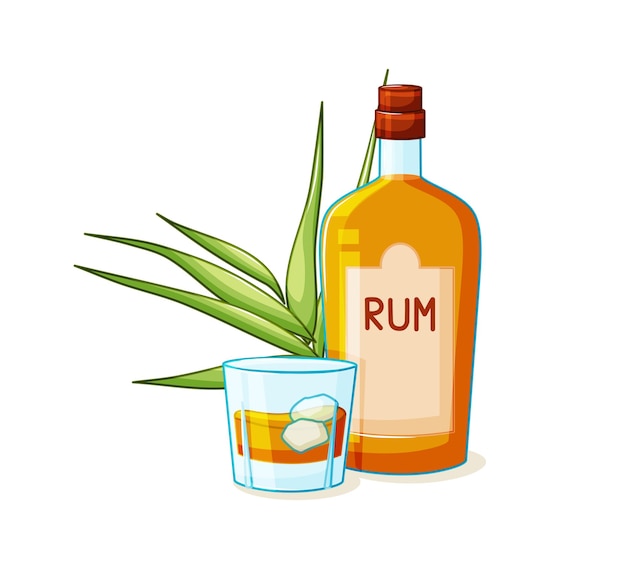 El ron es una bebida alcohólica en una botella y un vaso con hielo sobre un fondo blanco Dibujos animados