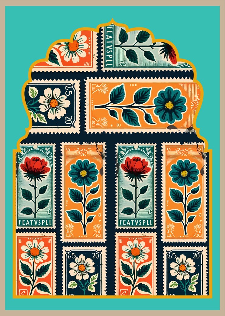 Ronda de flores coloridas de primavera Diseño plano en fondo azul oscuro Set de ilustraciones digitales