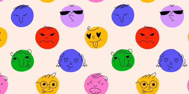 Rondas caras cómicas abstractas con varias emociones patrón sin costuras estilo de lápiz de colores diferentes