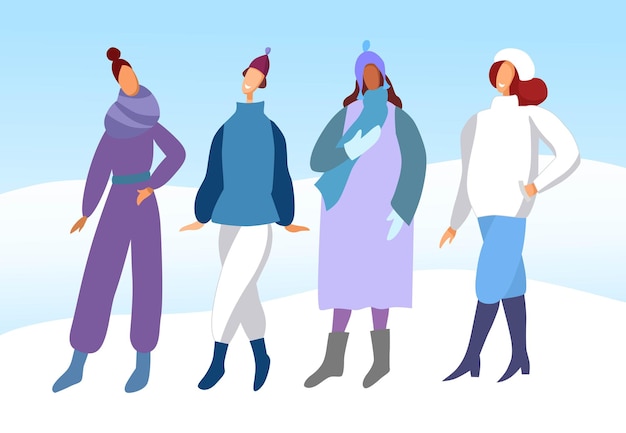 Vector ropa de abrigo para el invierno. grupo de mujeres jóvenes