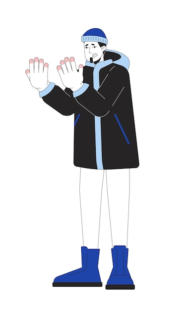 Ropa de abrigo de invierno hombre congelación dedos línea ilustración plana de dibujos animados hombre caucásico que sufre de frostnip personaje lineal 2D aislado en fondo blanco lesión escena fría imagen en color vectorial